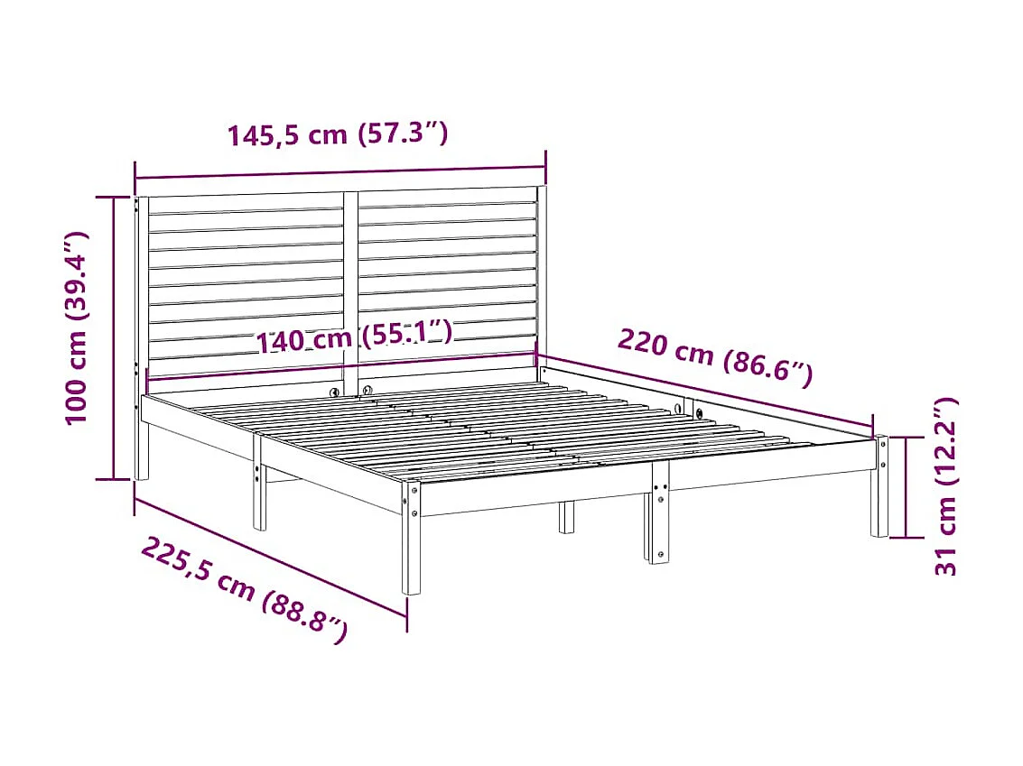 Cadre de lit extra long sans matelas 140x220 cm bois massif