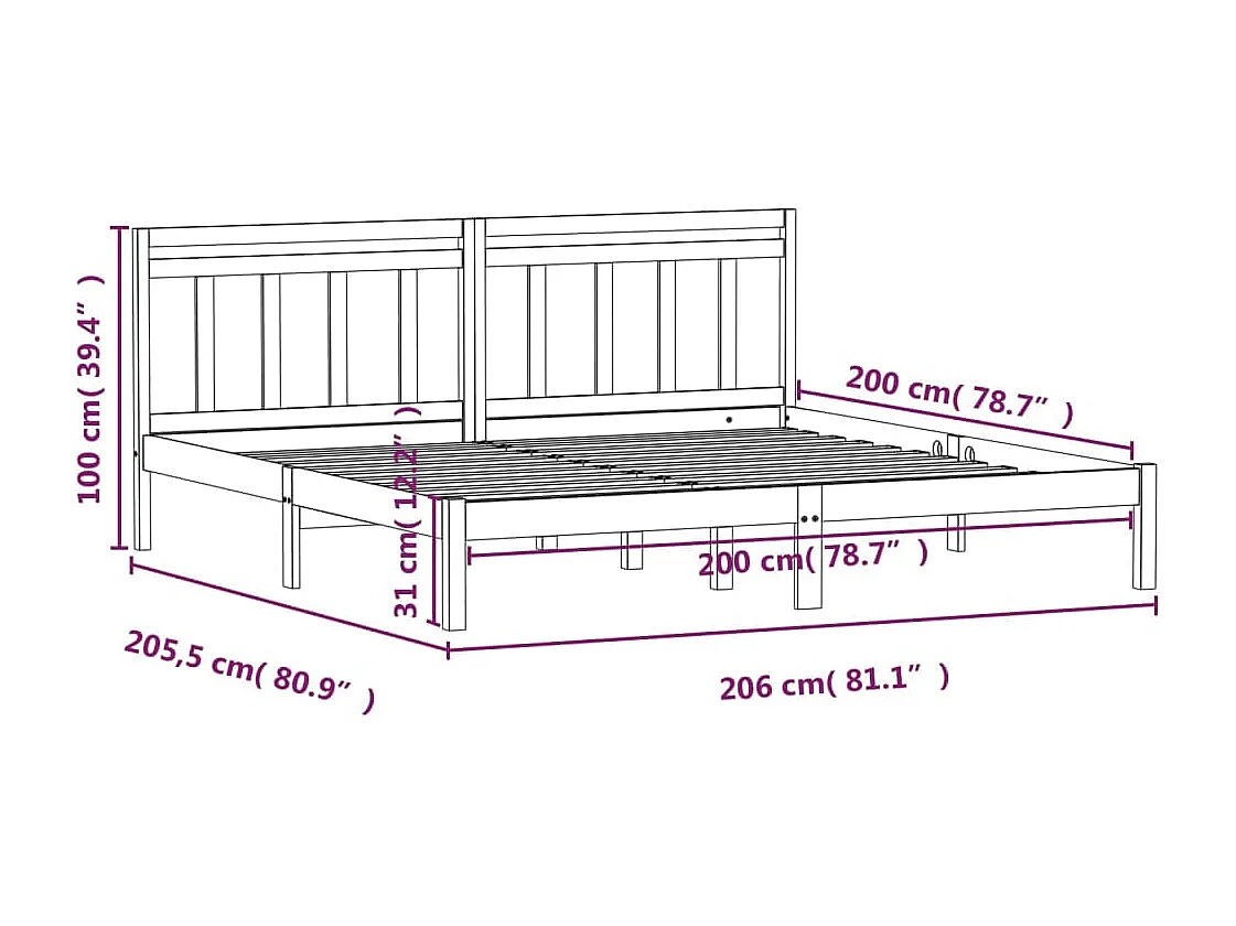 Bedframe zonder matras zwart massief hout 200x200 cm