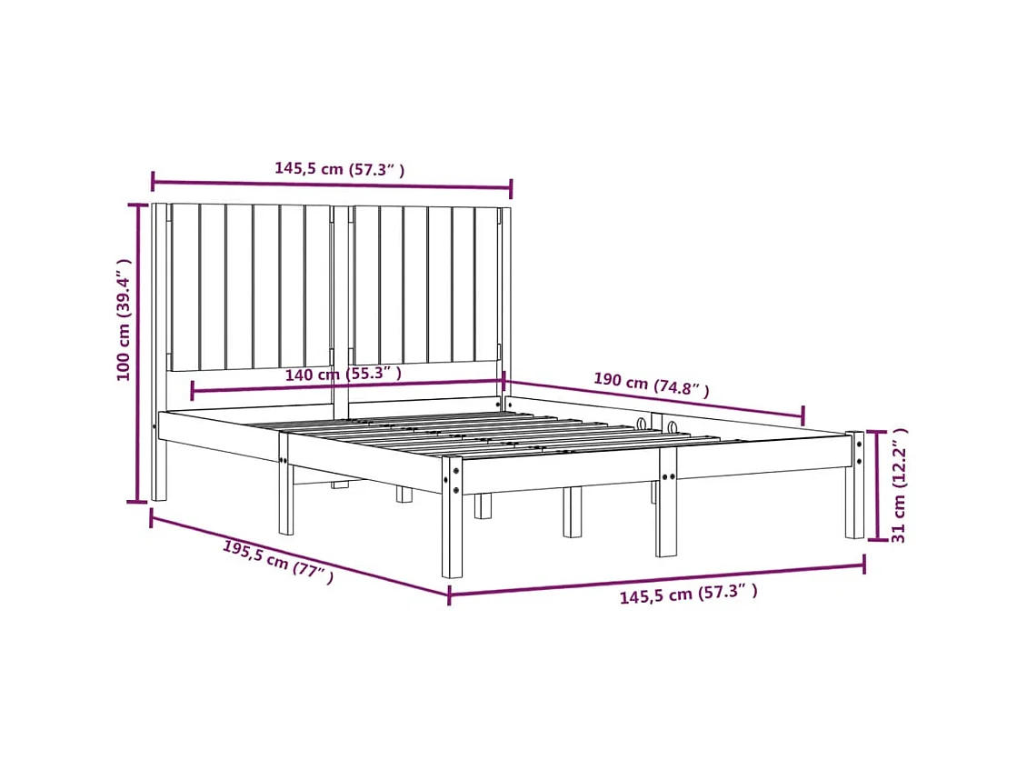 Estructura de cama negra sin colchón 140x190 cm madera maciza de pino