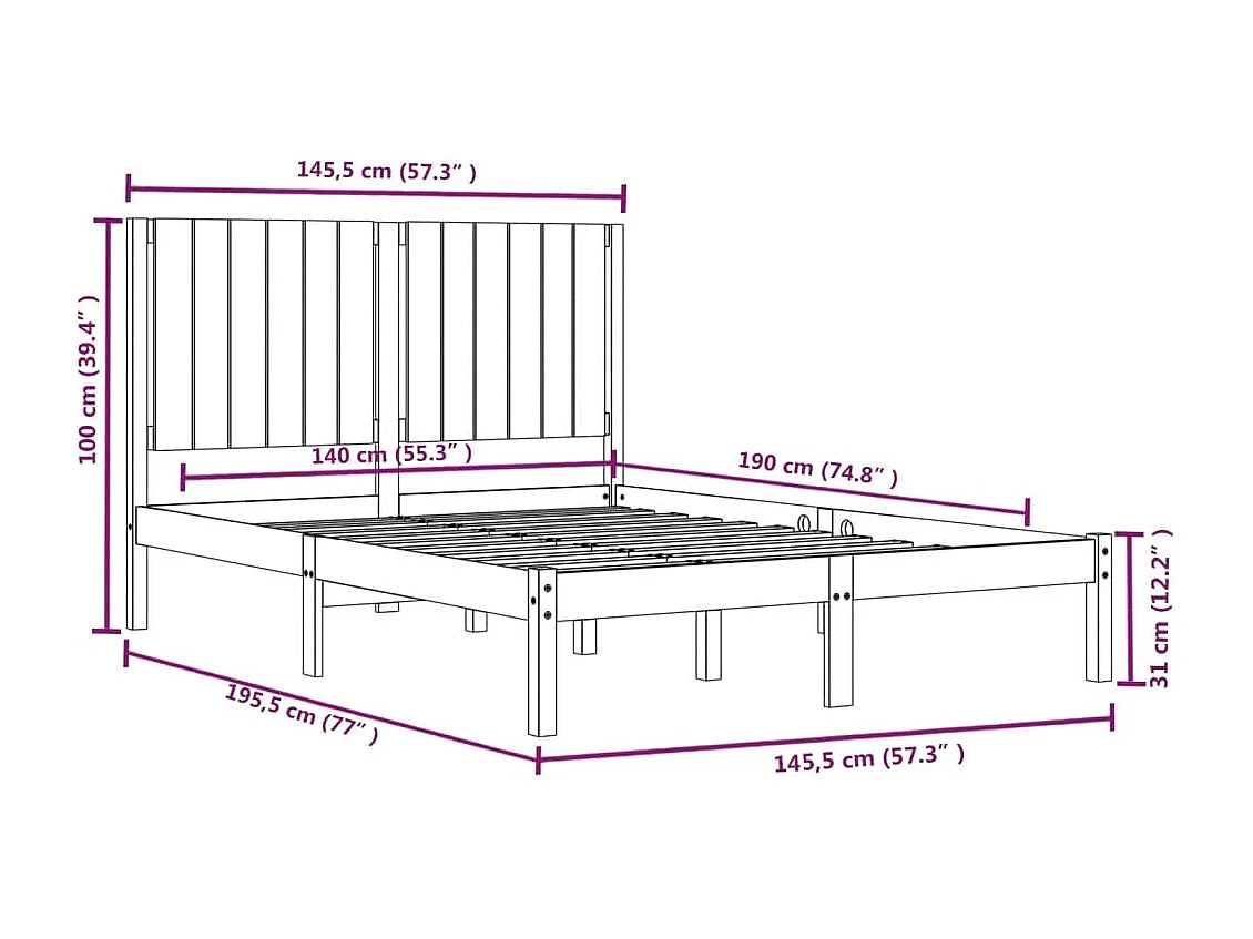 Struttura letto nera senza materasso 140x190 cm in legno massello di pino