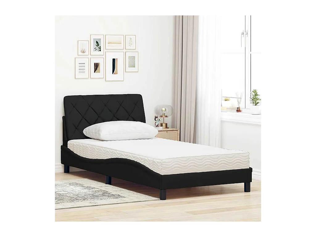 Lit avec matelas noir 100x200 cm tissu