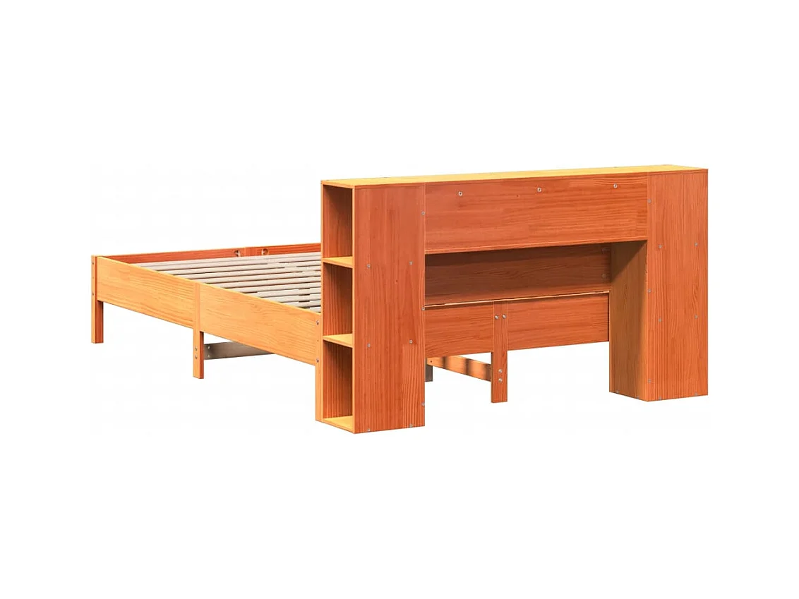 Cama librería sin colchón, color marrón cera, 140x200 cm, pino macizo