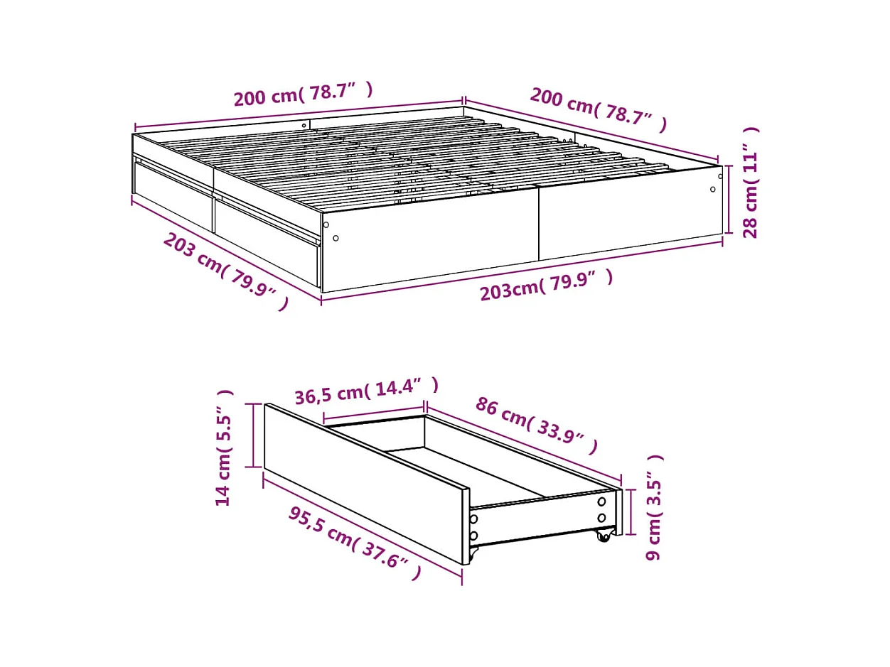 Bettgestell mit Schubladen ohne Matratze schwarz 200x200 cm