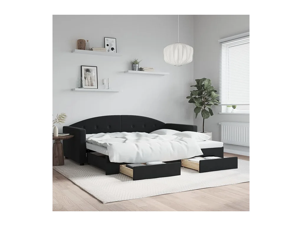 Tagesbett mit Ausziehbett und Schubladen ohne Matratze schwarz 90x200 cm