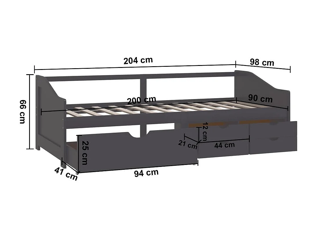 3-zits slaapbank met lades Grijs Massief grenen 90x200 cm