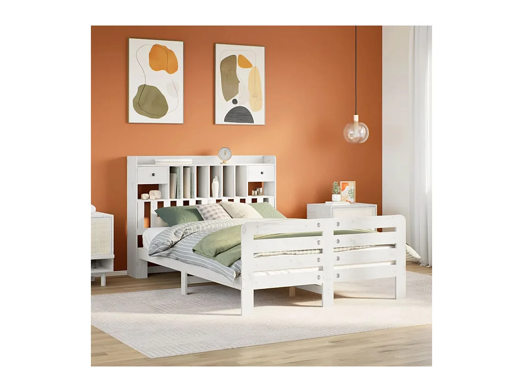 Lit bibliothèque sans matelas blanc 160x200 cm bois pin massif