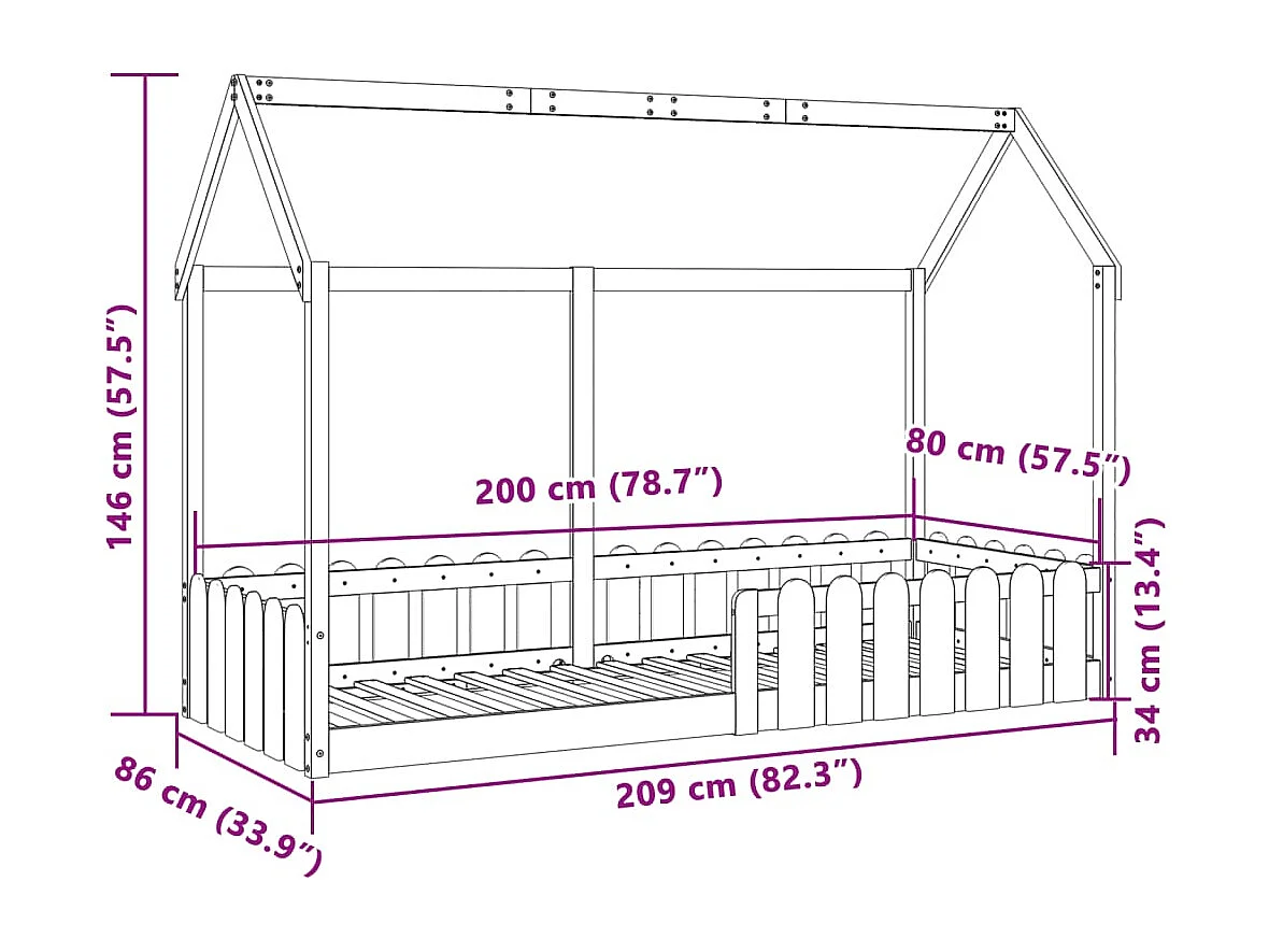 Estructura de cama infantil forma de casa sin colchón 80x200 cm