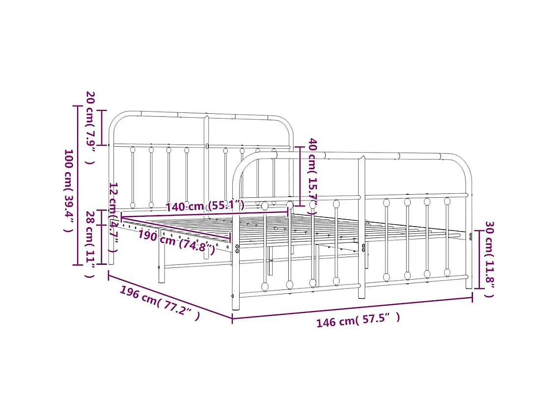 Estructura de cama de metal sin colchón ni piecero blanco 140x190 cm