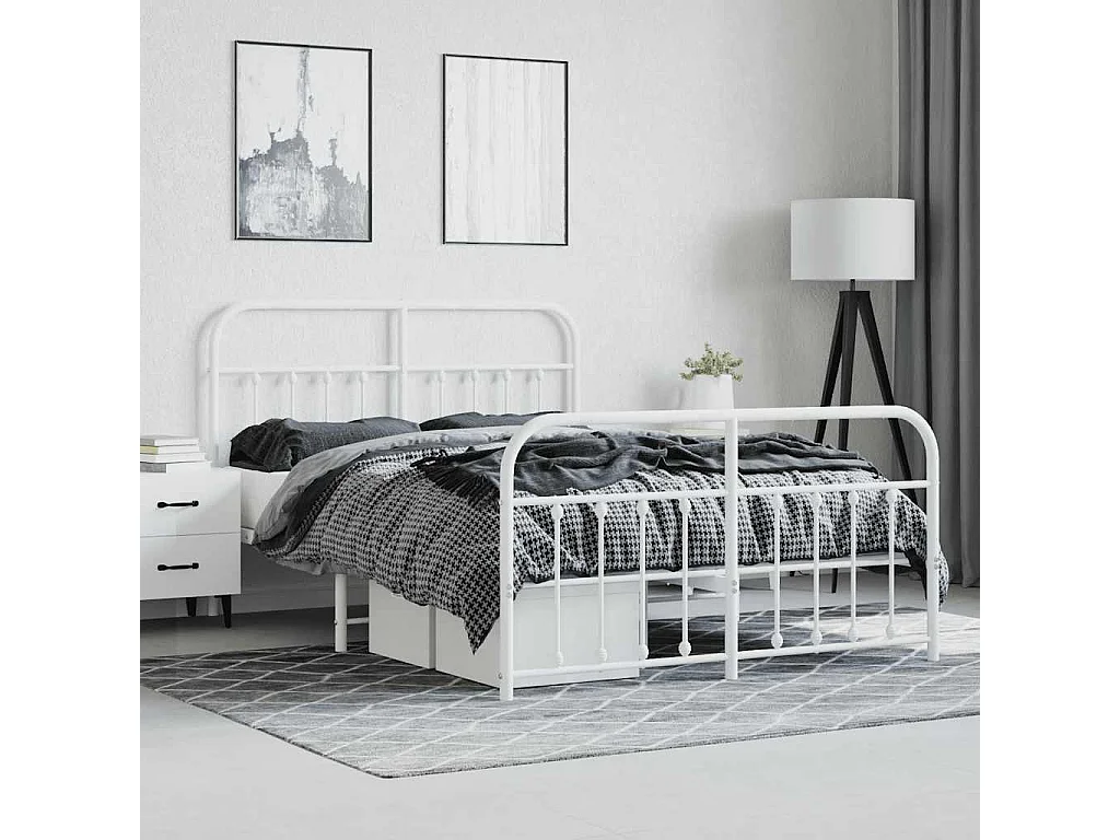 Cadre de lit métal sans matelas et pied de lit blanc 140x190 cm