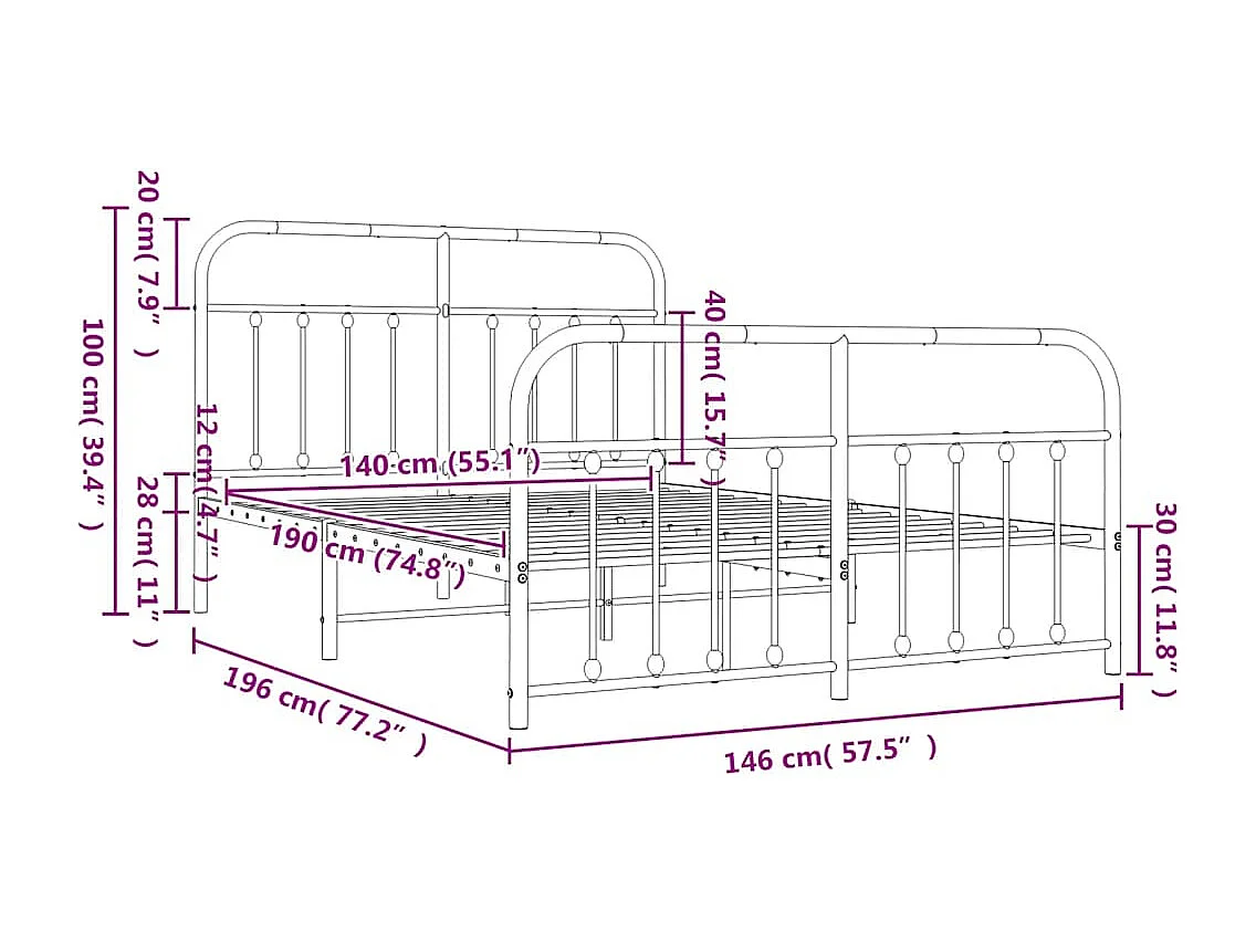 Cadre de lit métal sans matelas et pied de lit blanc 140x190 cm