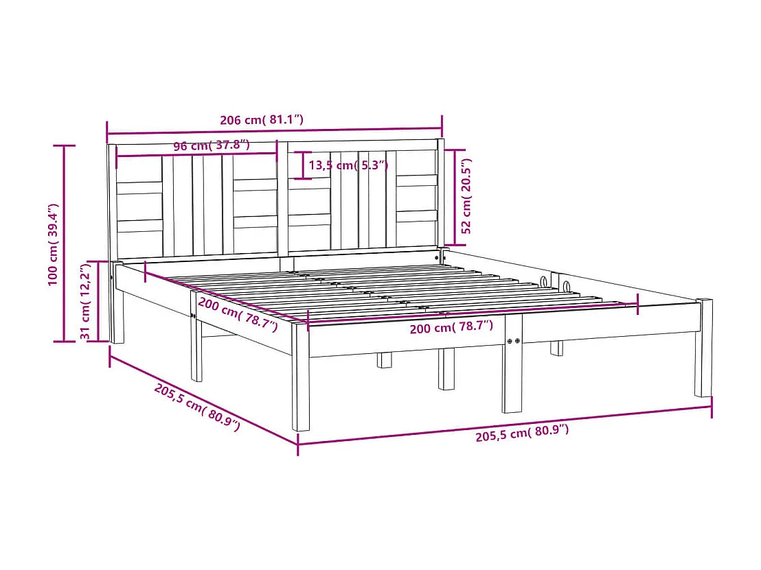 Bettgestell ohne Matratze grau 200x200 cm Massivholz