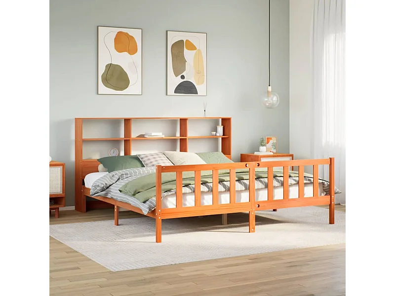 Letto libreria senza materasso, cera marrone, 200x200 cm, pino massiccio