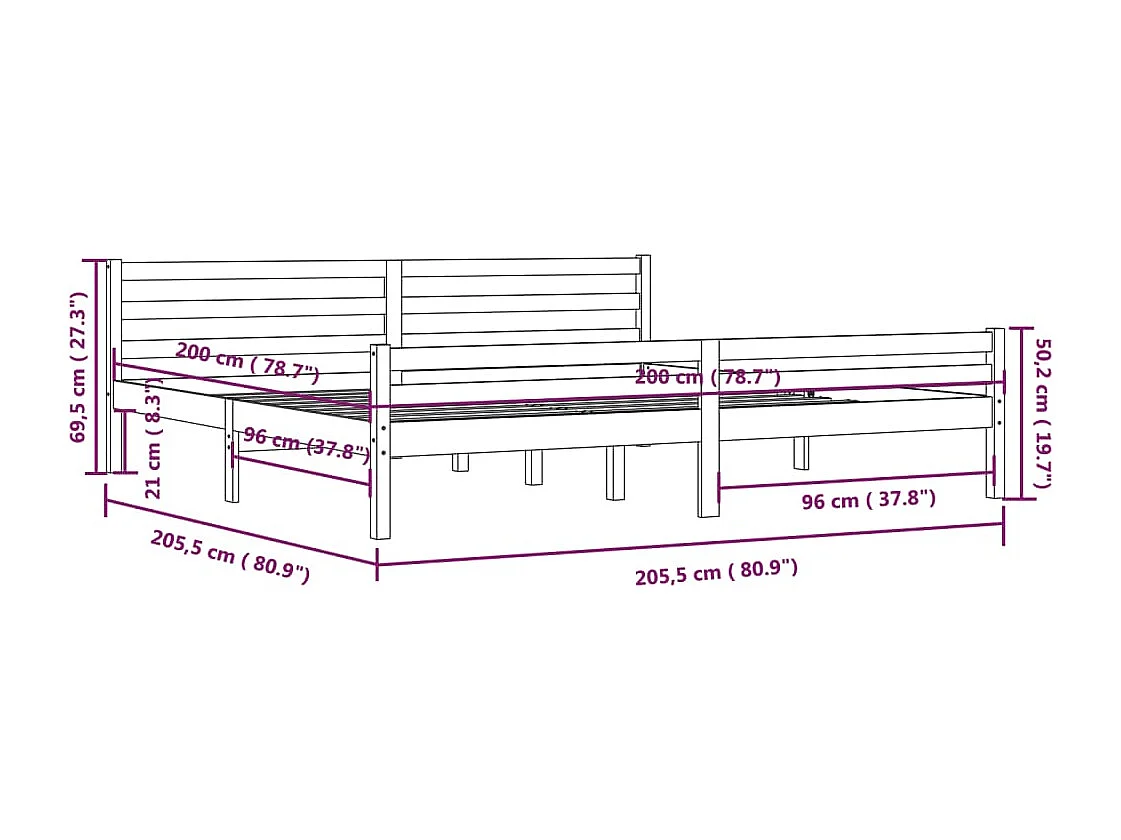 Cadre de lit sans matelas noir bois massif 200x200 cm