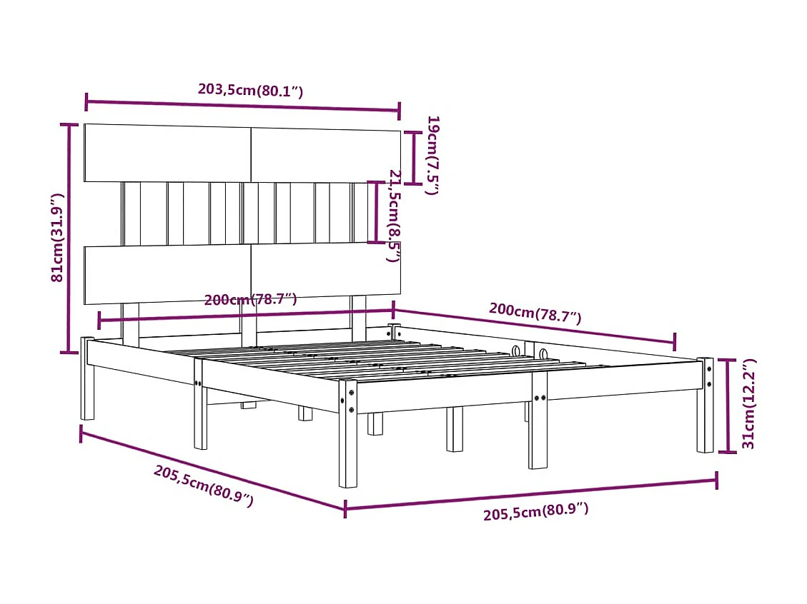 Cadre de lit sans matelas noir 200x200 cm bois massif