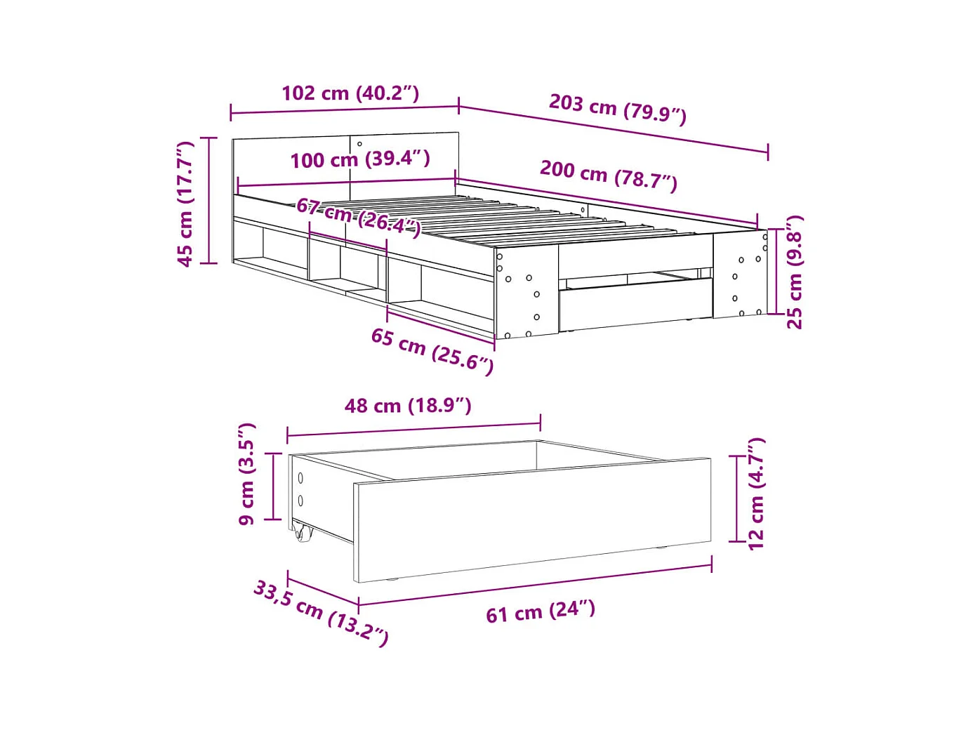 Bedframe met lade zonder matras bruin eiken 100x200 cm