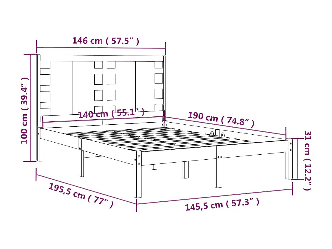 Struttura letto nera senza materasso 140x190 cm in legno massello di pino