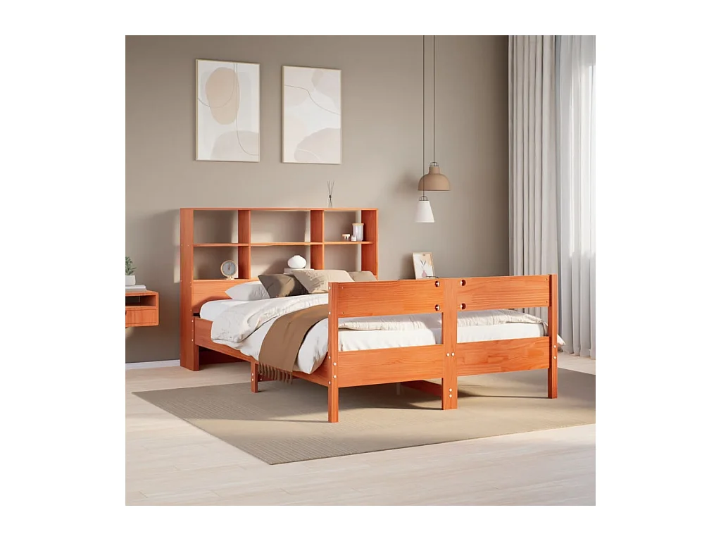 Cama librería sin colchón, color marrón cera, 140x200 cm, pino macizo