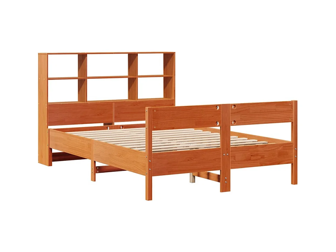 Cama librería sin colchón, color marrón cera, 140x200 cm, pino macizo