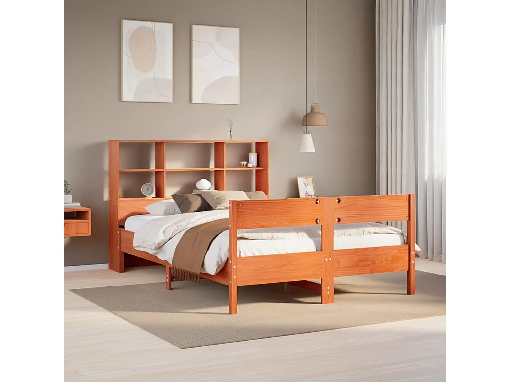 Cama librería sin colchón, color marrón cera, 140x200 cm, pino macizo