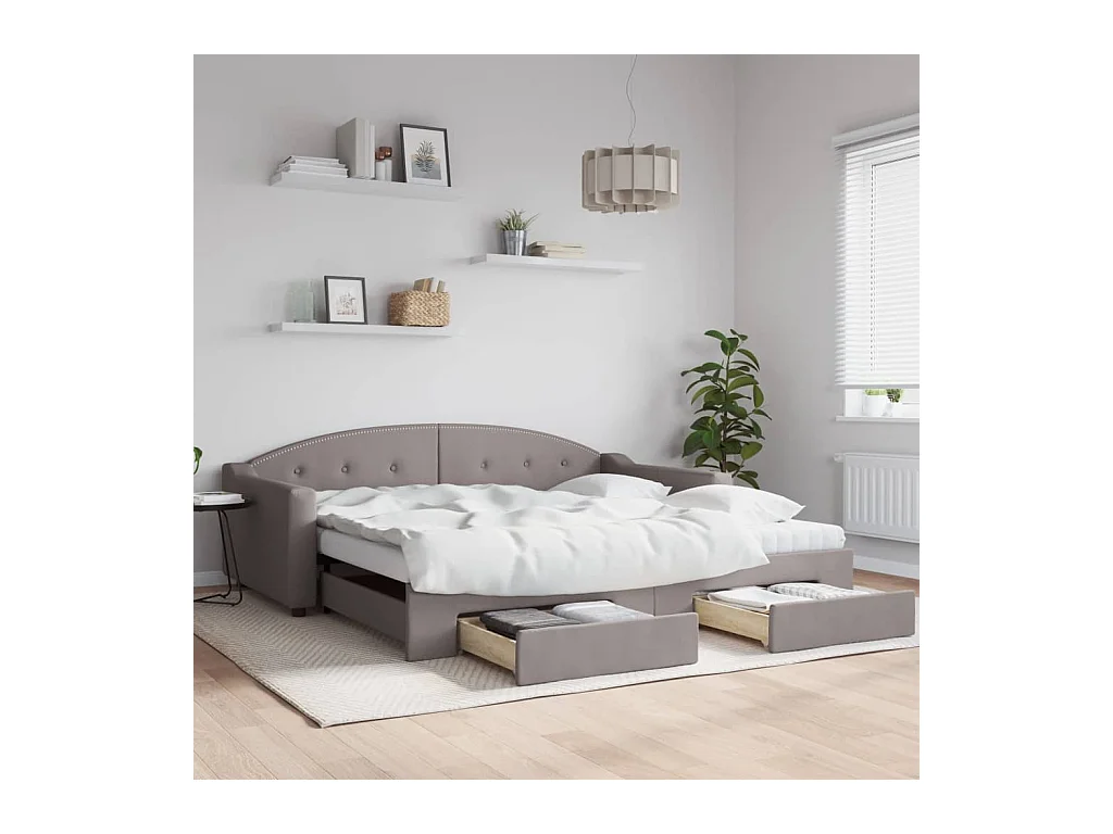 Lit de jour avec gigogne et tiroirs taupe 100x200 cm tissu