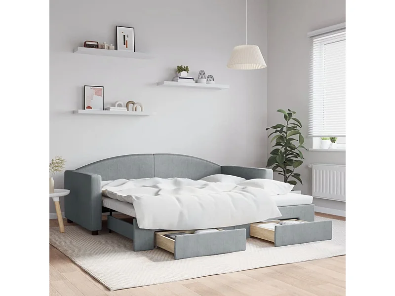 Divano letto con rotelle e cassetti tessuto grigio chiaro 90x190 cm