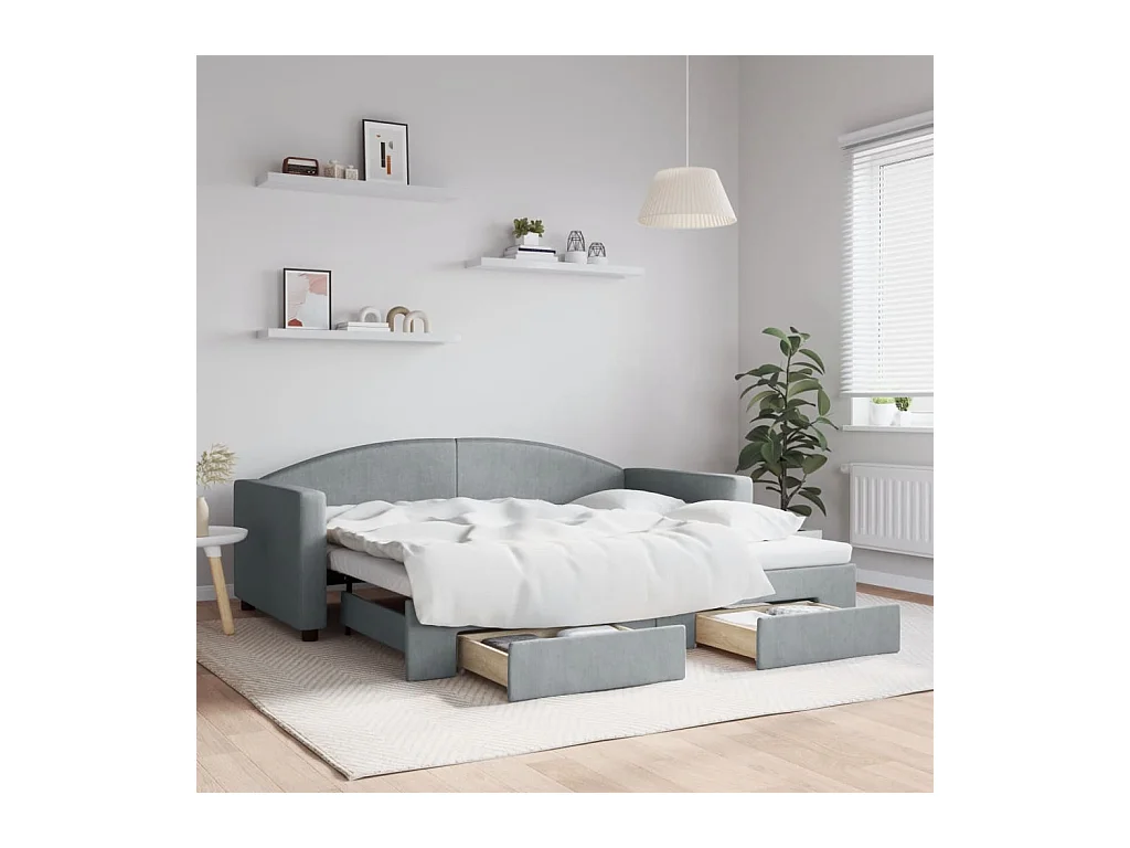 Divano letto con rotelle e cassetti tessuto grigio chiaro 90x190 cm