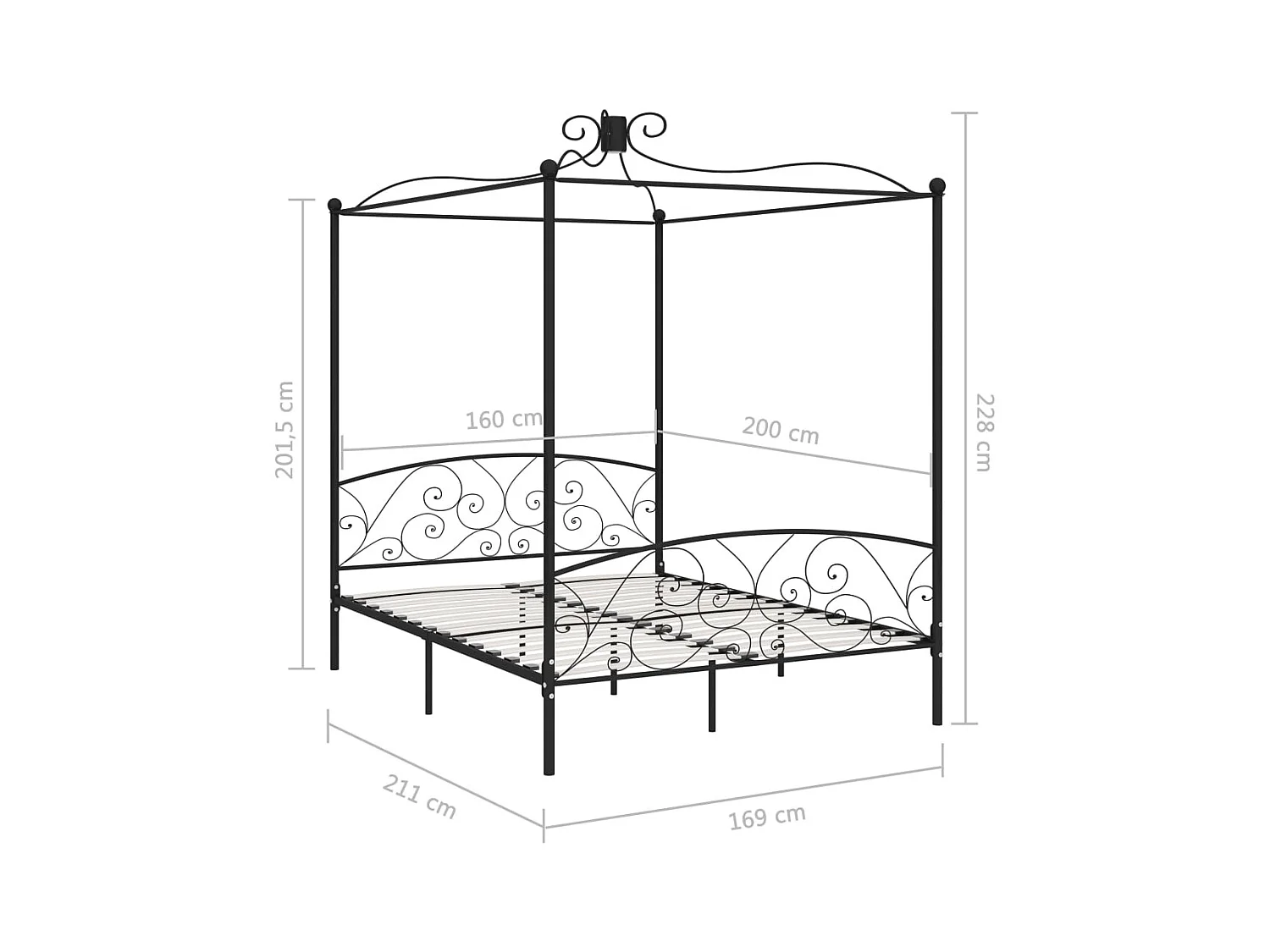 Struttura letto a baldacchino in metallo nero 160 x 200 cm