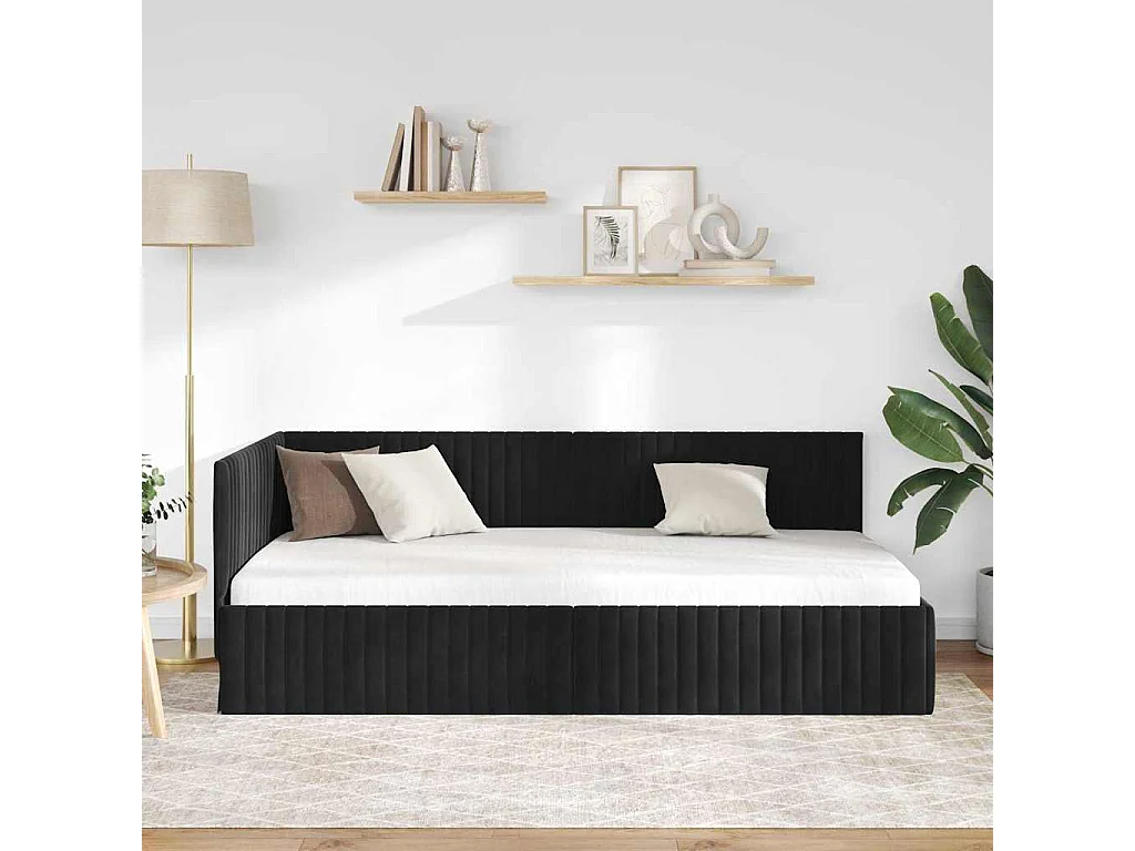 Eckbettgestell mit Kopfteil Schwarz 100 x 200 cm Samt