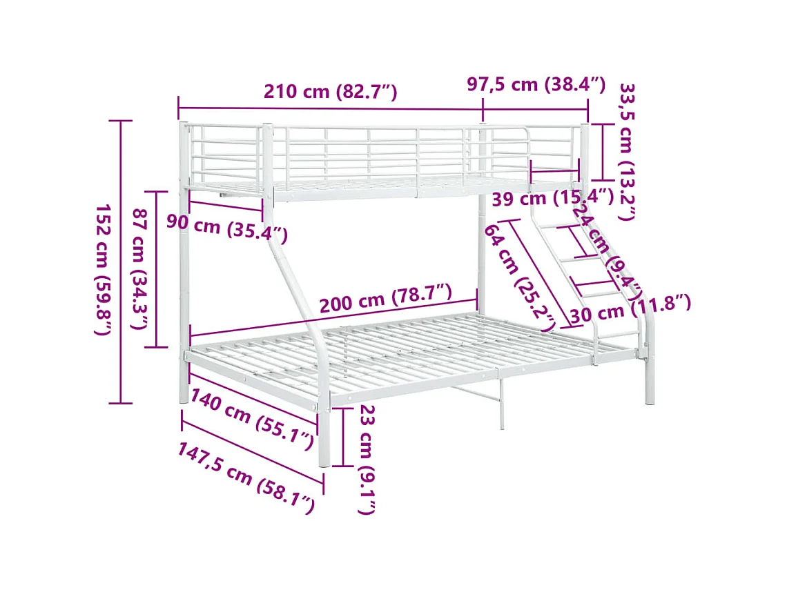 Struttura letto a castello senza materasso Bianco 140x200 cm/90x200 cm