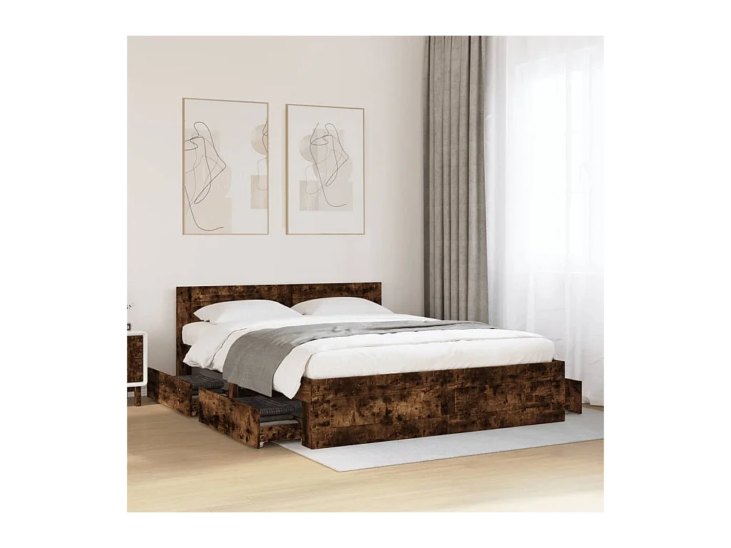 Estructura de cama y cabecero sin colchón roble ahumado 160x200 cm