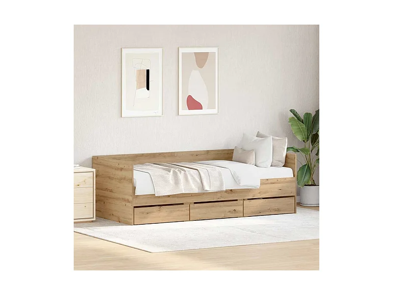 Struttura per divano letto con cassetti, rovere lavorato a mano, 90 x 190 cm