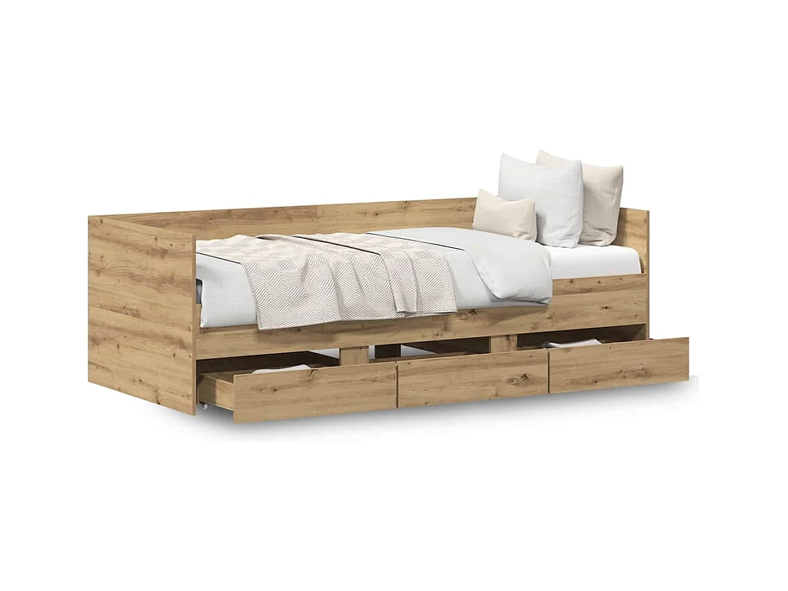 Struttura per divano letto con cassetti, rovere lavorato a mano, 90 x 190 cm