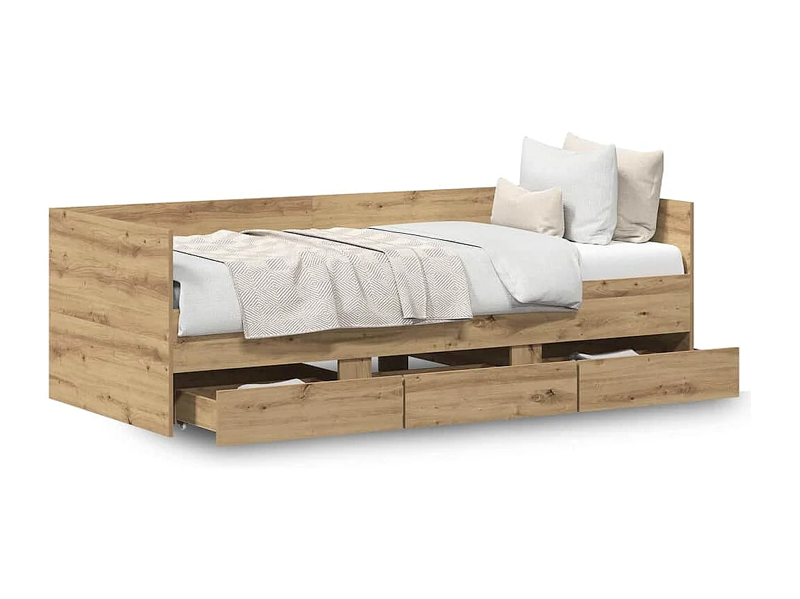 Struttura per divano letto con cassetti, rovere lavorato a mano, 90 x 190 cm