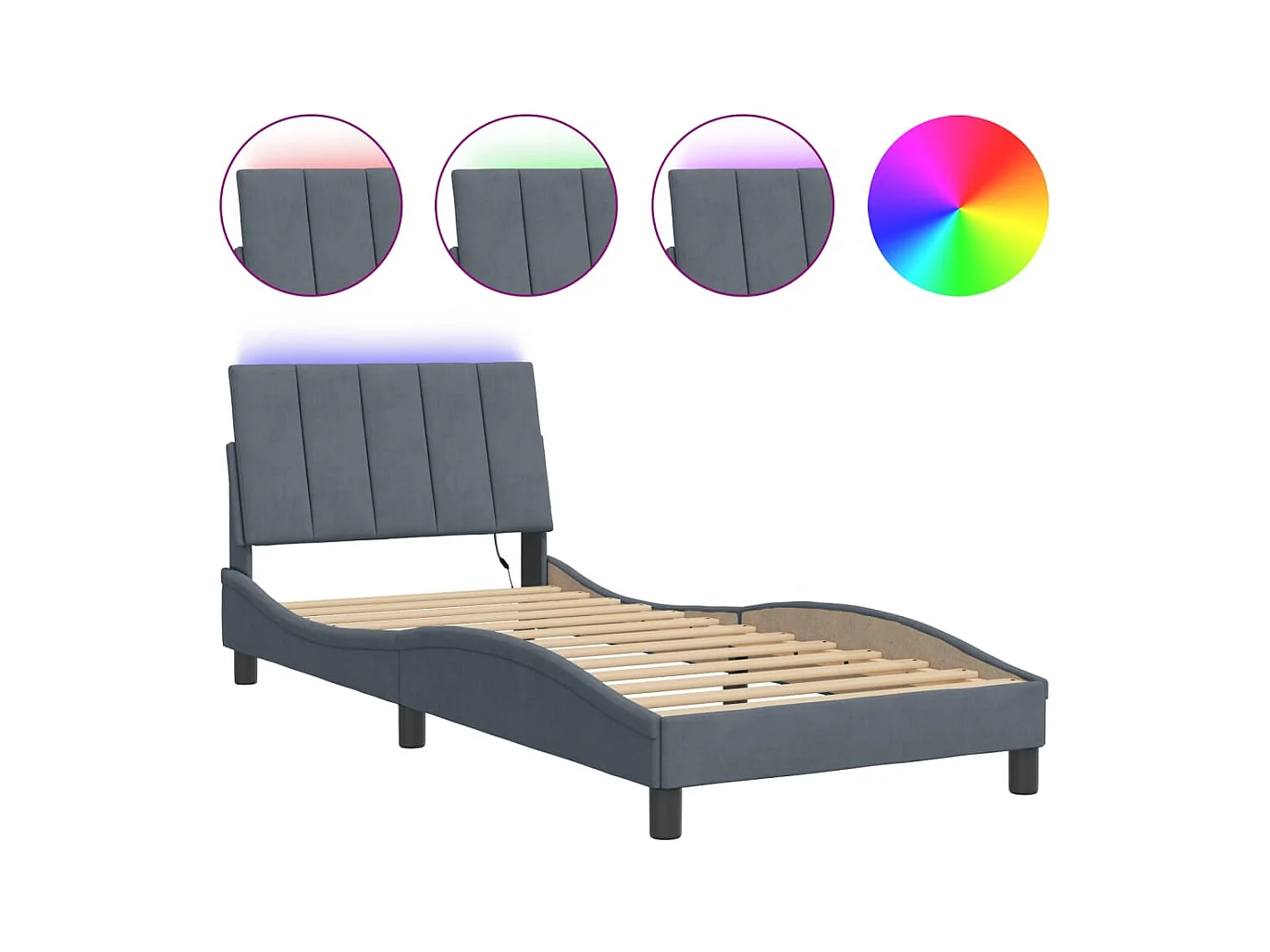 Cadre de lit avec LED sans matelas gris foncé 90x190 cm velours