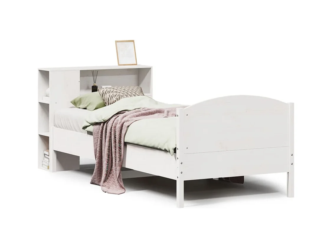 Cama librería blanca sin colchón 75x190cm madera maciza de pino