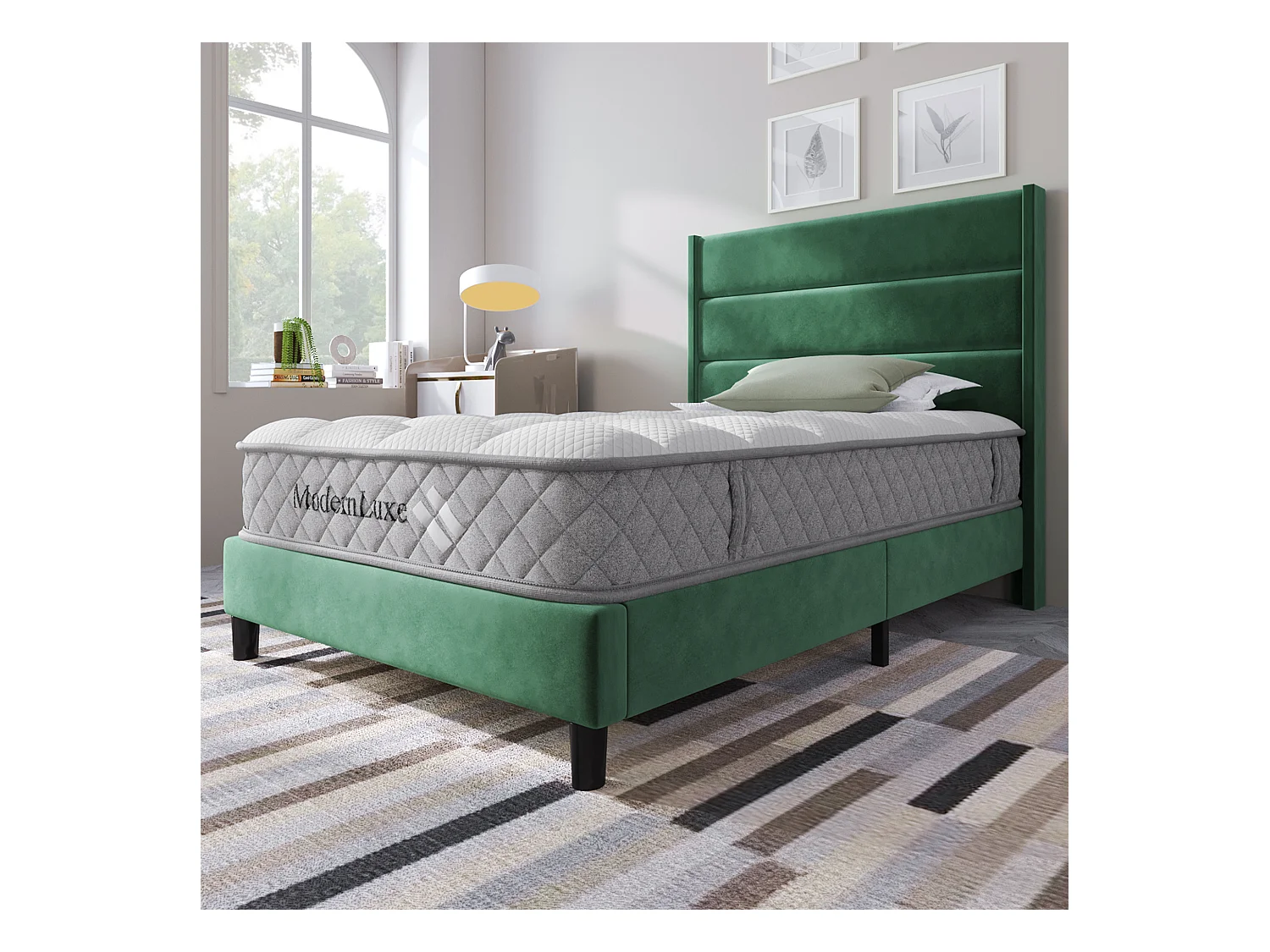 Bed 90x200 cm, frame met lattenbodem en hoofdbord, tweepersoonsbed in donkergroen fluweel, modern design (209x96x111 cm)