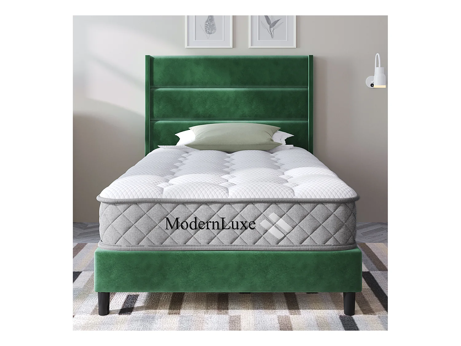 Bed 90x200 cm, frame met lattenbodem en hoofdbord, tweepersoonsbed in donkergroen fluweel, modern design (209x96x111 cm)