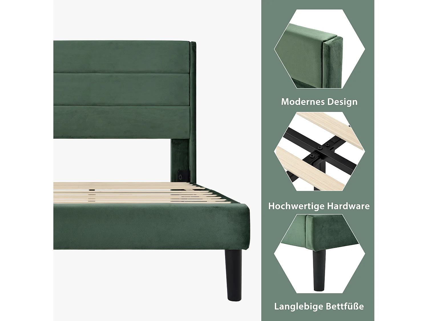 Bed 90x200 cm, frame met lattenbodem en hoofdbord, tweepersoonsbed in donkergroen fluweel, modern design (209x96x111 cm)