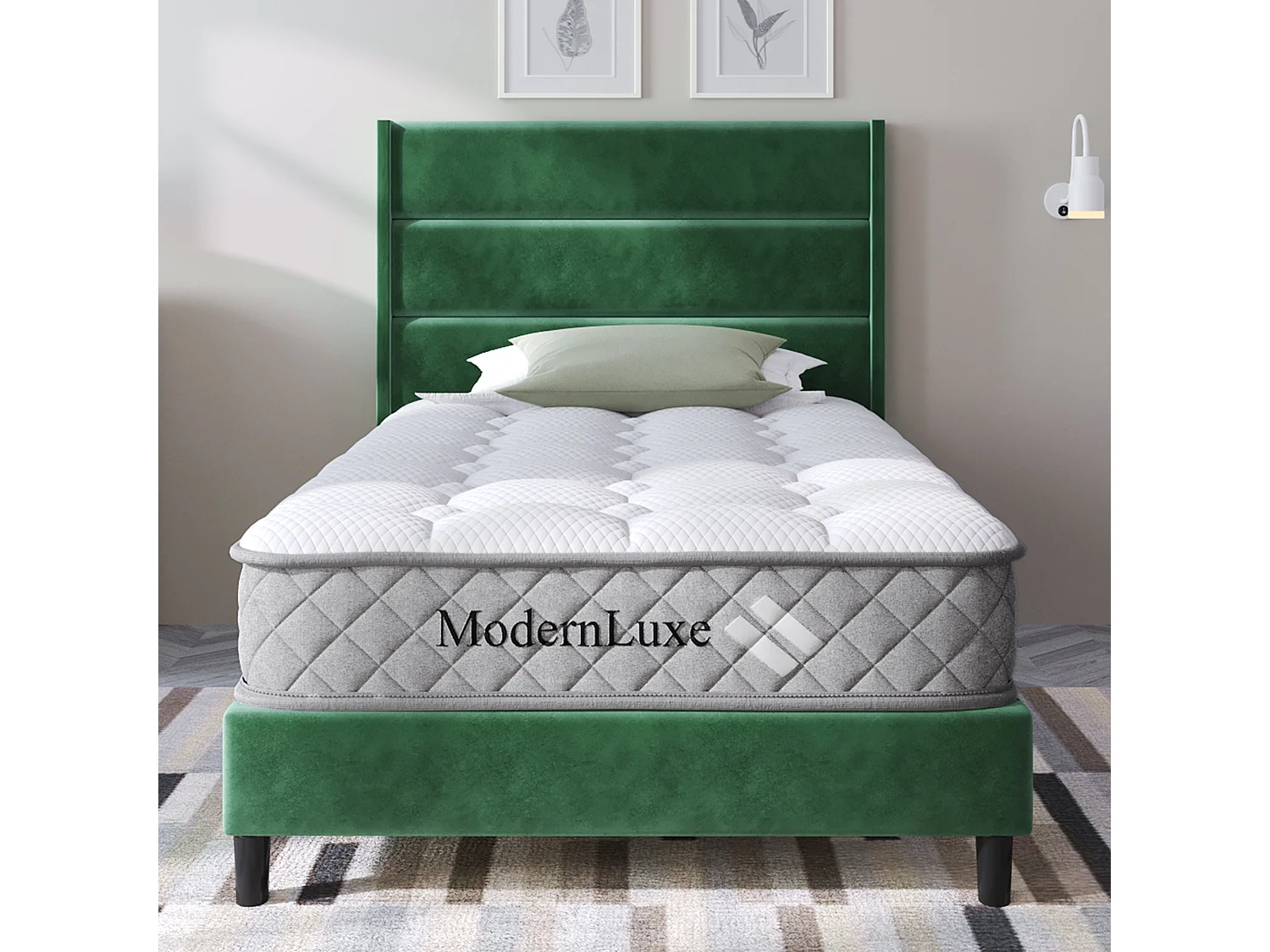 Lit 90x200 cm, cadre avec sommier à lattes et tête de lit, lit double en velours vert foncé, design moderne (209x96x111 cm)