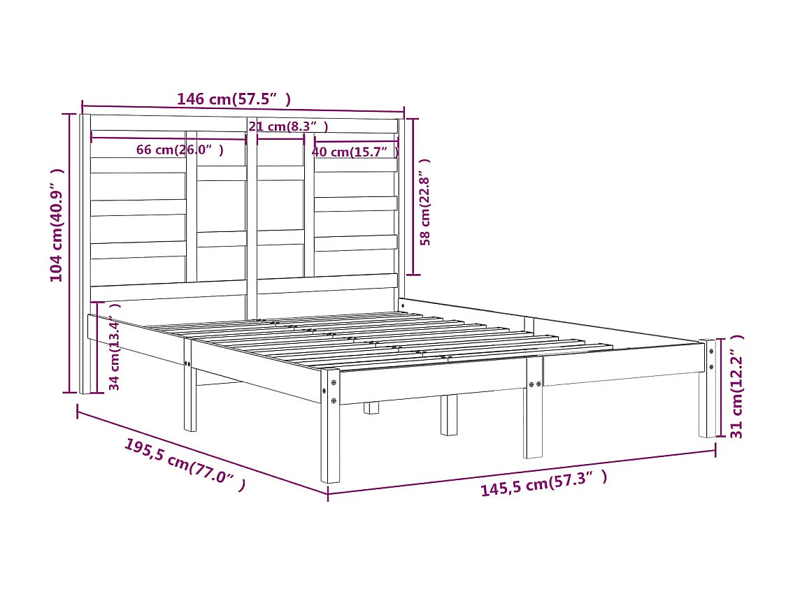 Cadre de lit sans matelas noir bois massif 140x190 cm