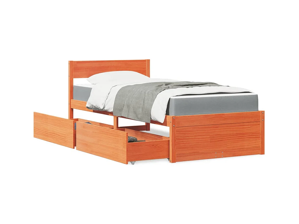 Lit avec tiroirs/matelas cire marron 90x190 cm bois massif pin