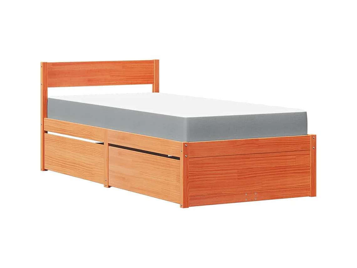 Lit avec tiroirs/matelas cire marron 90x190 cm bois massif pin