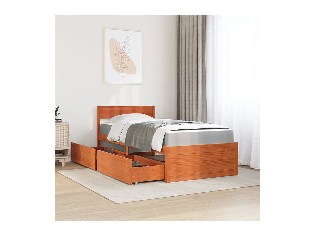 Lit avec tiroirs/matelas cire marron 90x190 cm bois massif pin