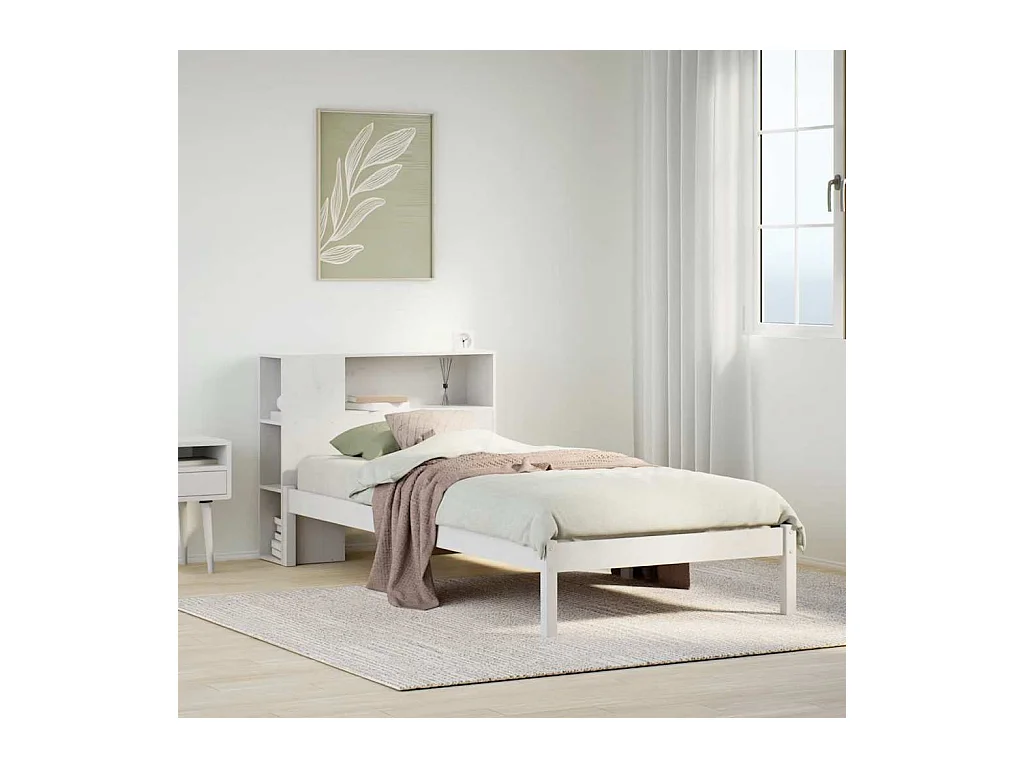 Cama librería blanca sin colchón 100x200 cm madera maciza de pino