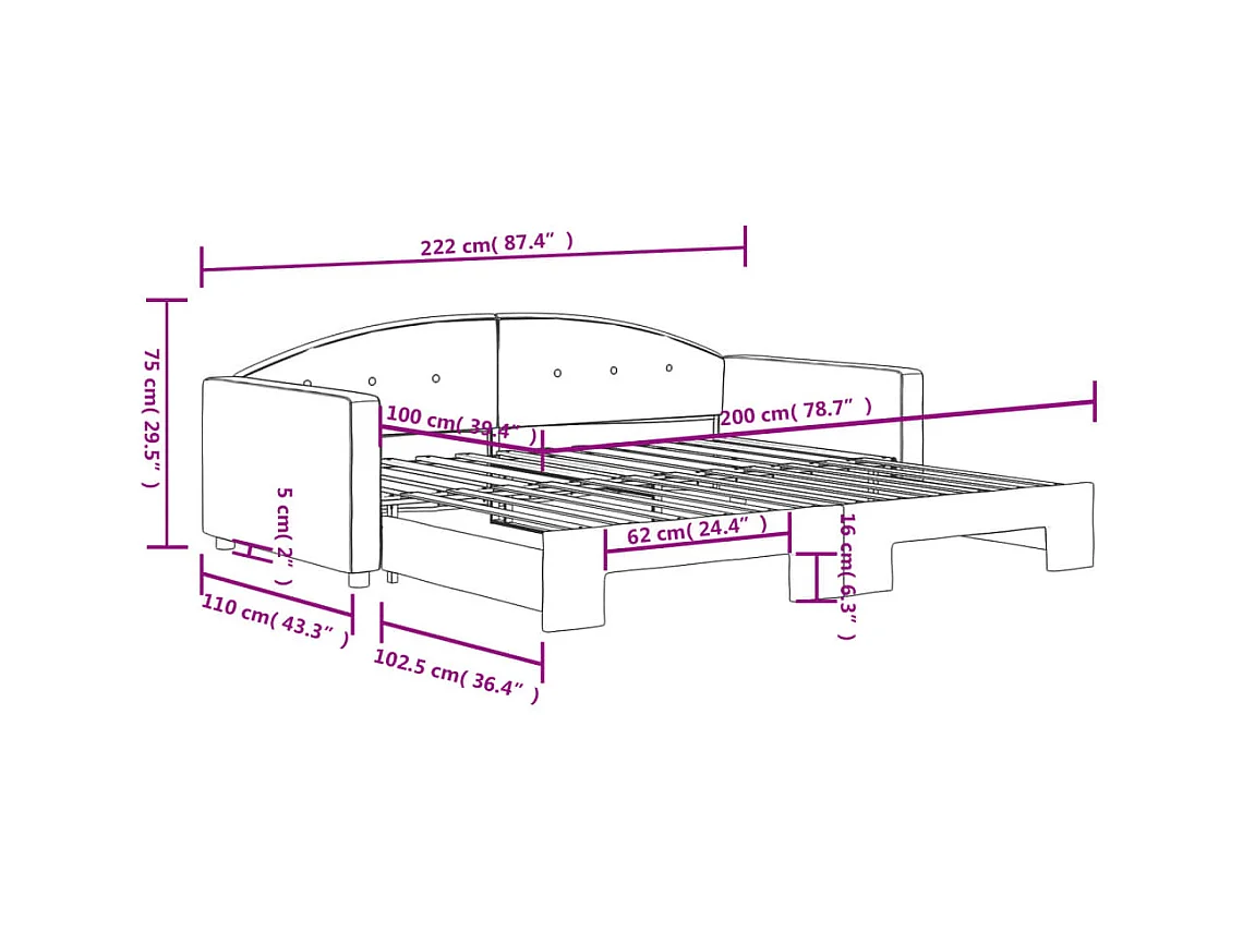 Lit de jour avec gigogne sans matelas noir 100x200 cm