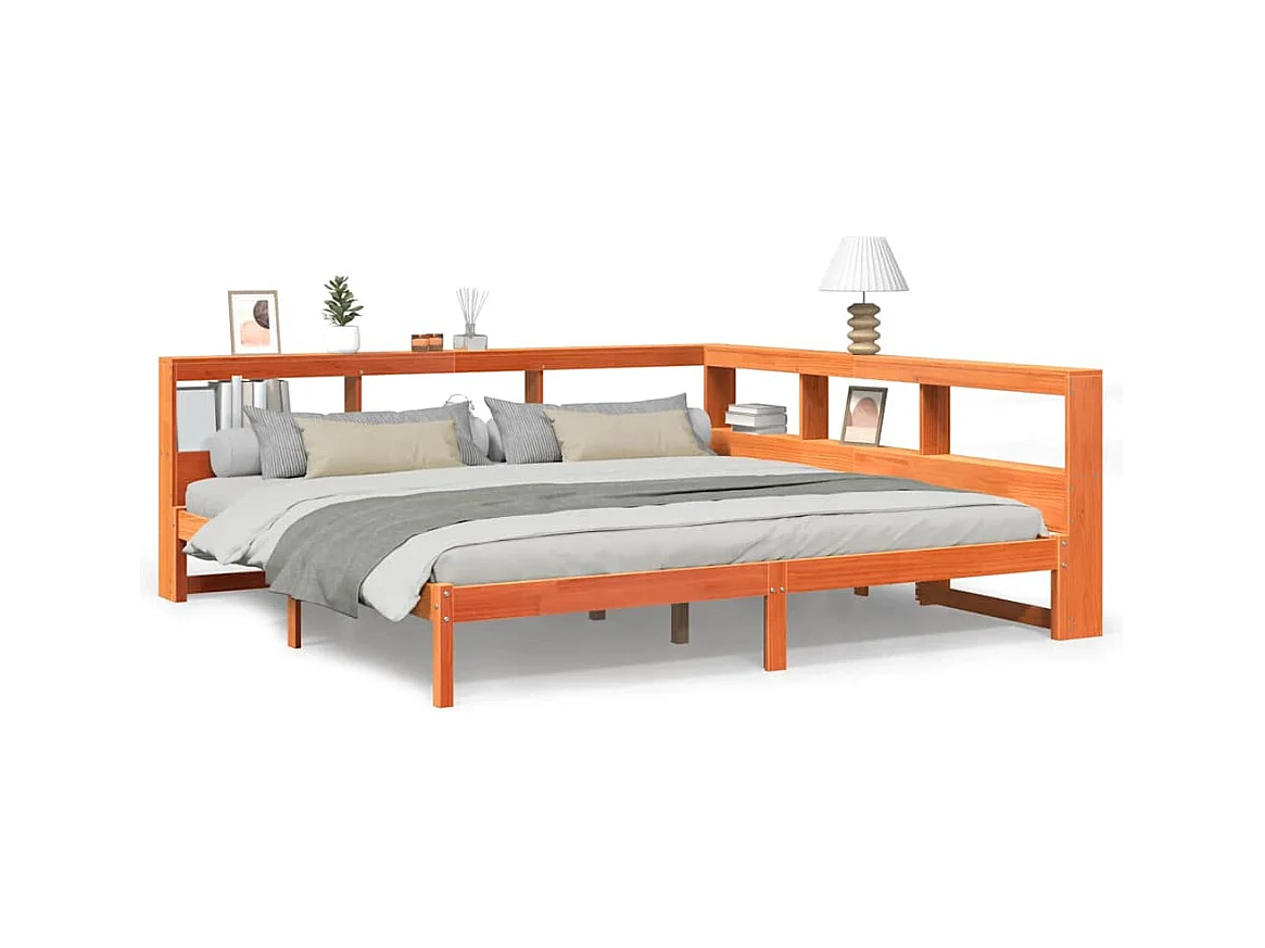 Letto libreria senza materasso, cera marrone, 200x200 cm, pino massiccio