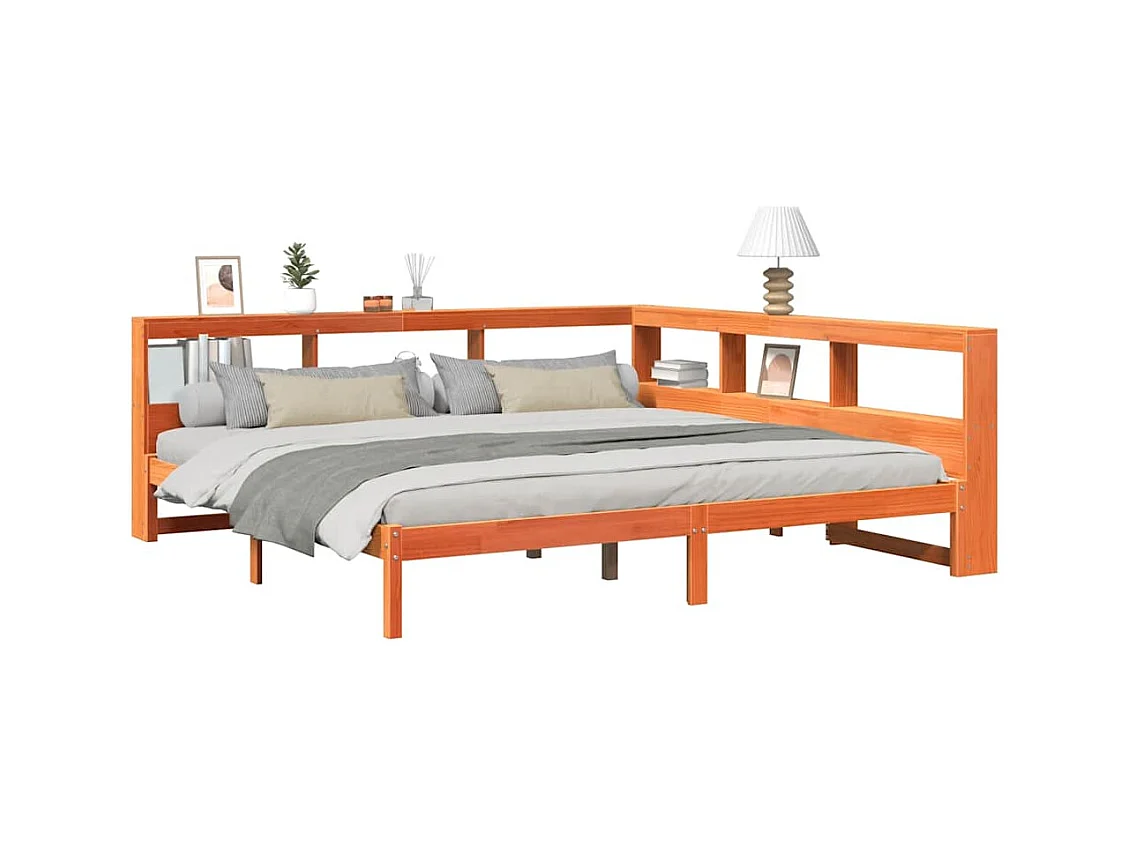 Letto libreria senza materasso, cera marrone, 200x200 cm, pino massiccio