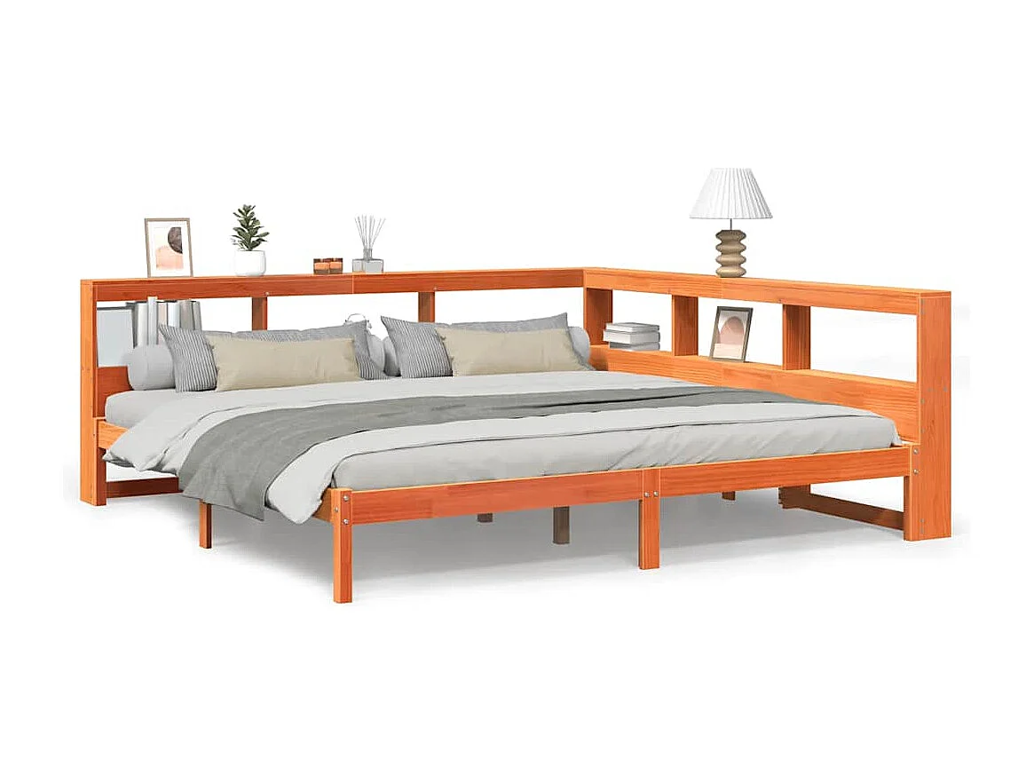 Lit bibliothèque sans matelas cire marron 200x200 cm pin massif