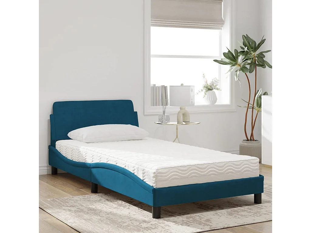 Lit avec matelas bleu 100x200 cm velours