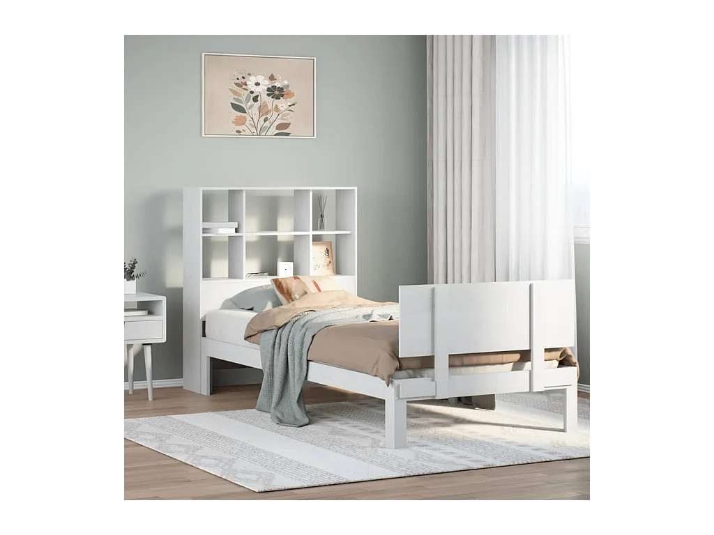 Letto libreria bianco senza materasso 90x200cm in legno massello di pino